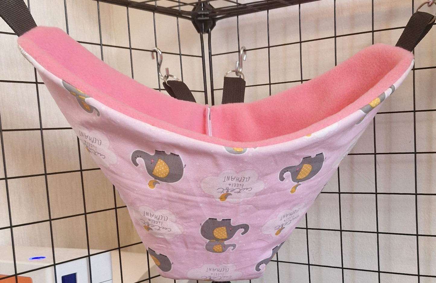 Mischief Made fleece lined corner pocket. Pink Elephant print with pink fleece lining