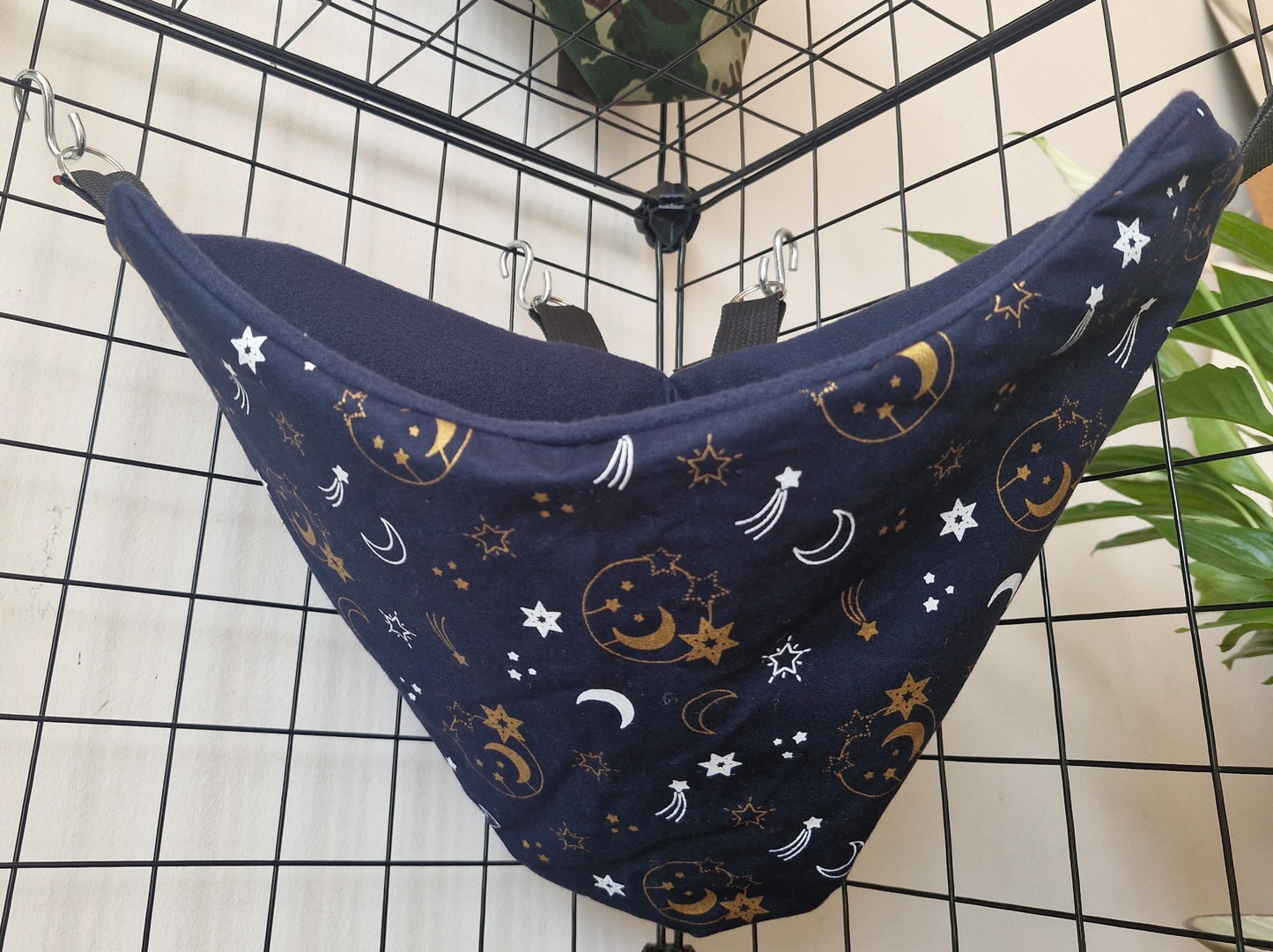 Mischief Made fleece lined corner pocket. Moon & Stars print with navy fleece lining