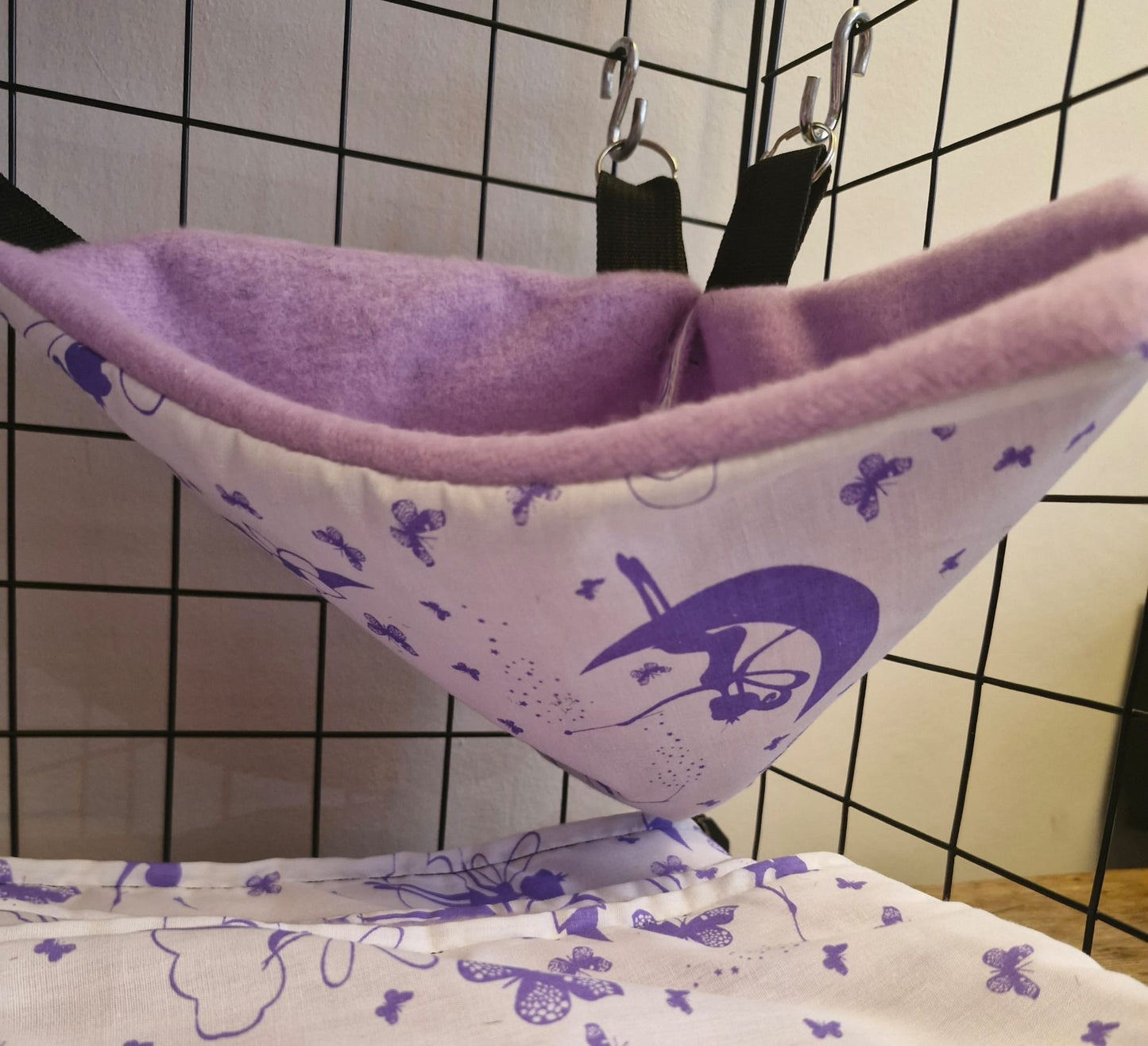 Mischief Made fleece lined mini corner pocket. Lilac Fairy print with lilac fleece lining