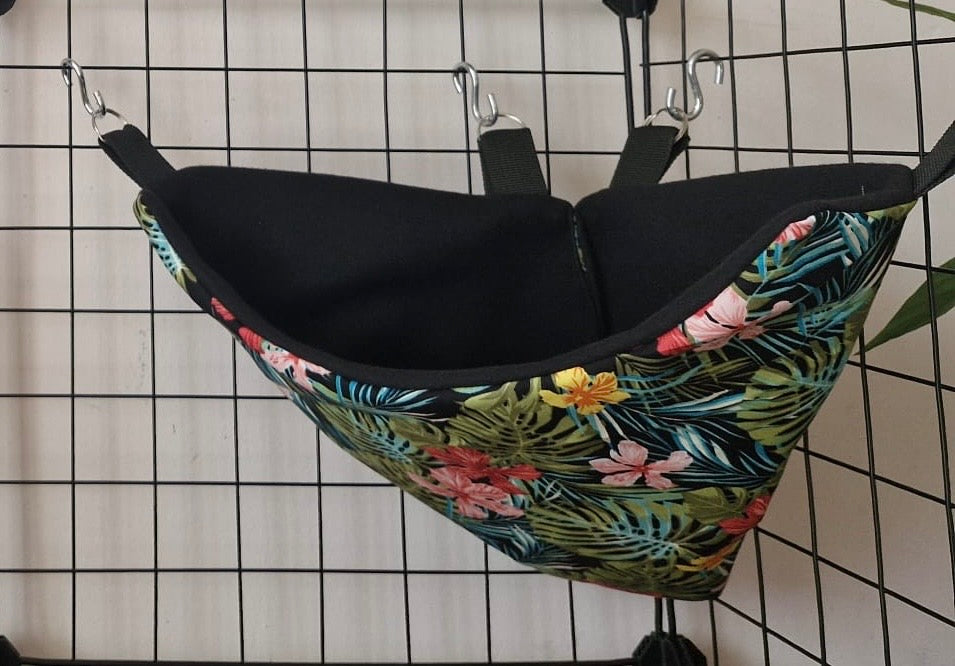 Mischief Made fleece lined corner pocket. Tropical Flowers print with black fleece lining