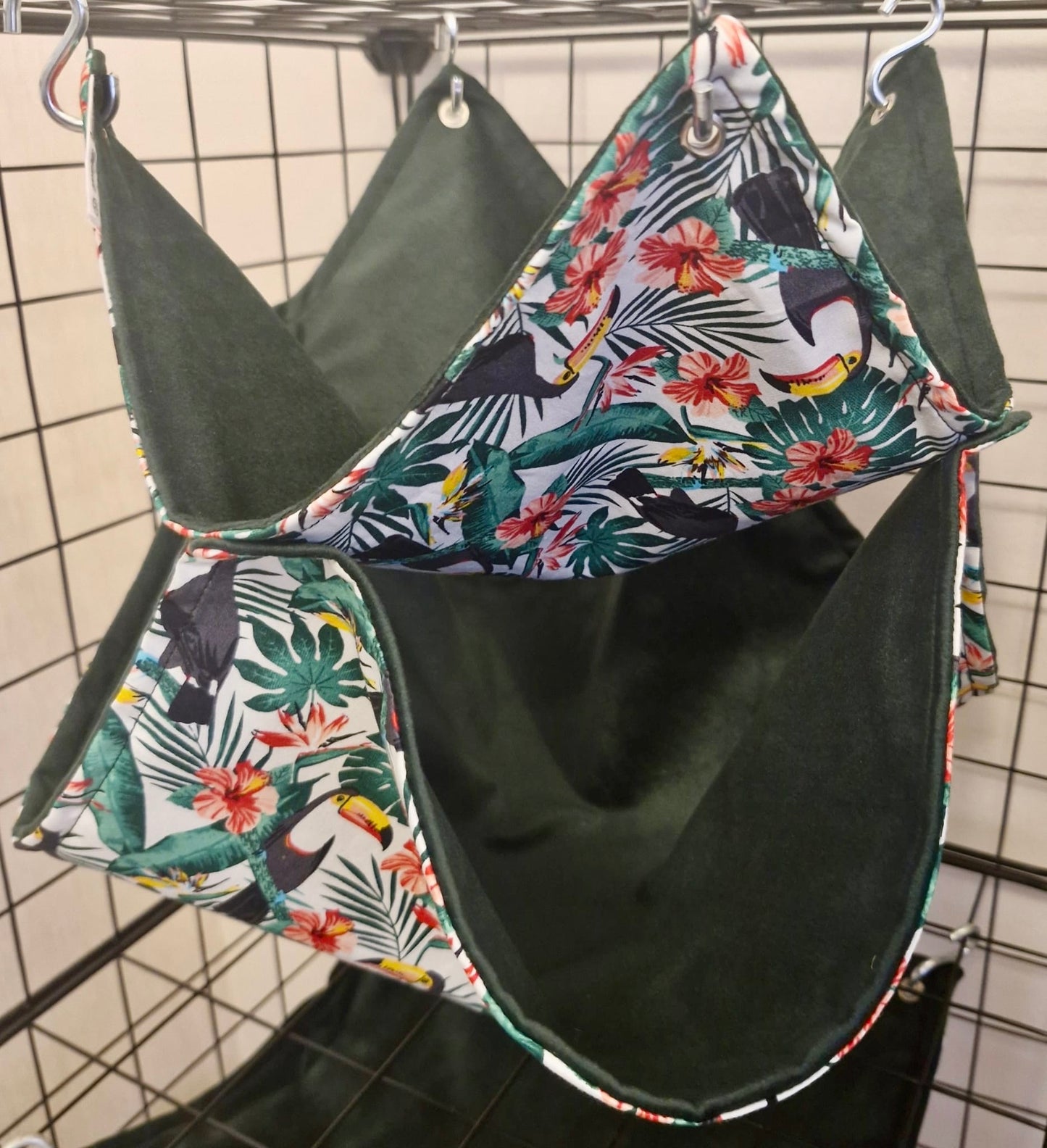 Luxury velvet lined double hammock. White Toucan Print