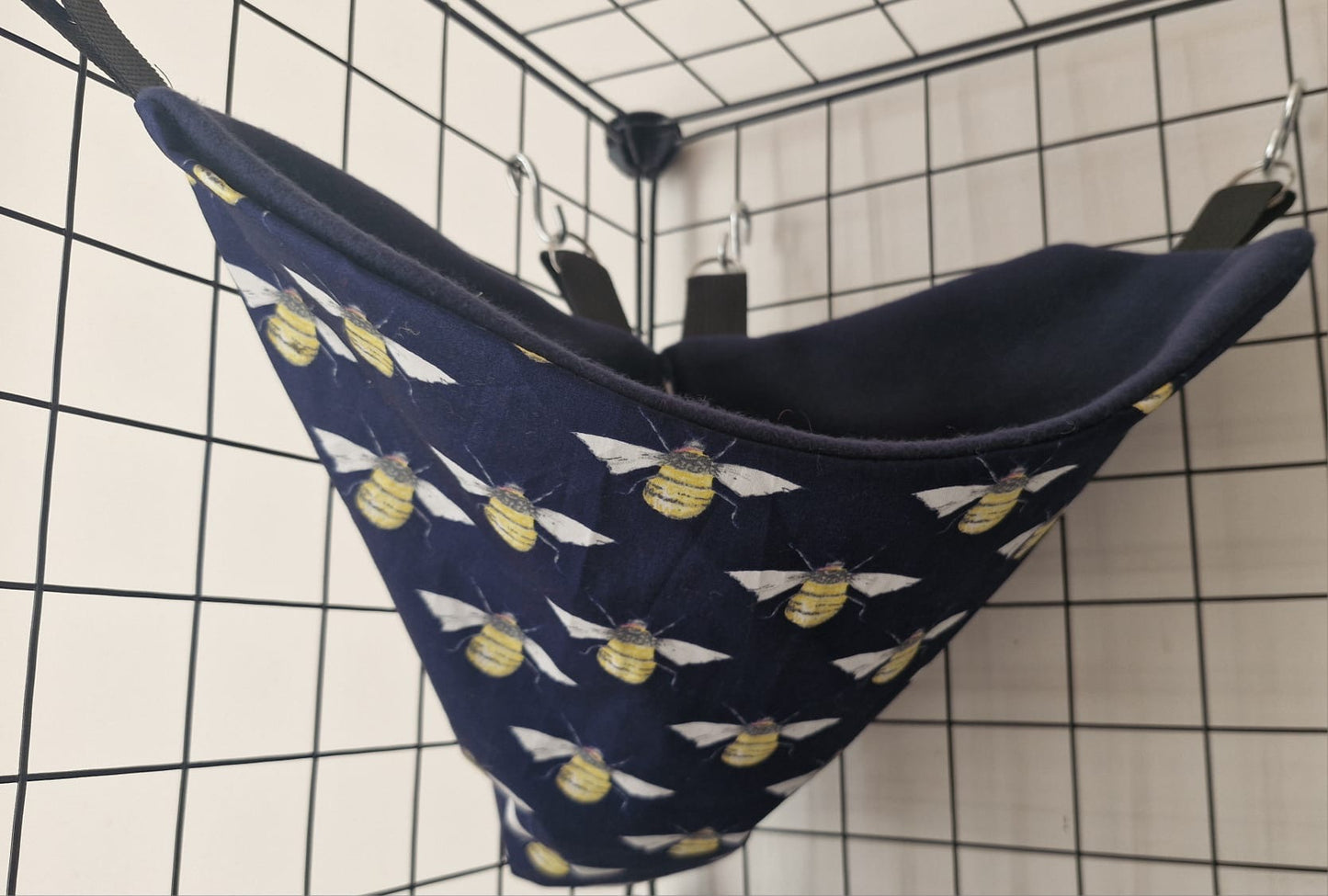 Mischief Made fleece lined corner pocket. Bumblebees print with navy fleece lining