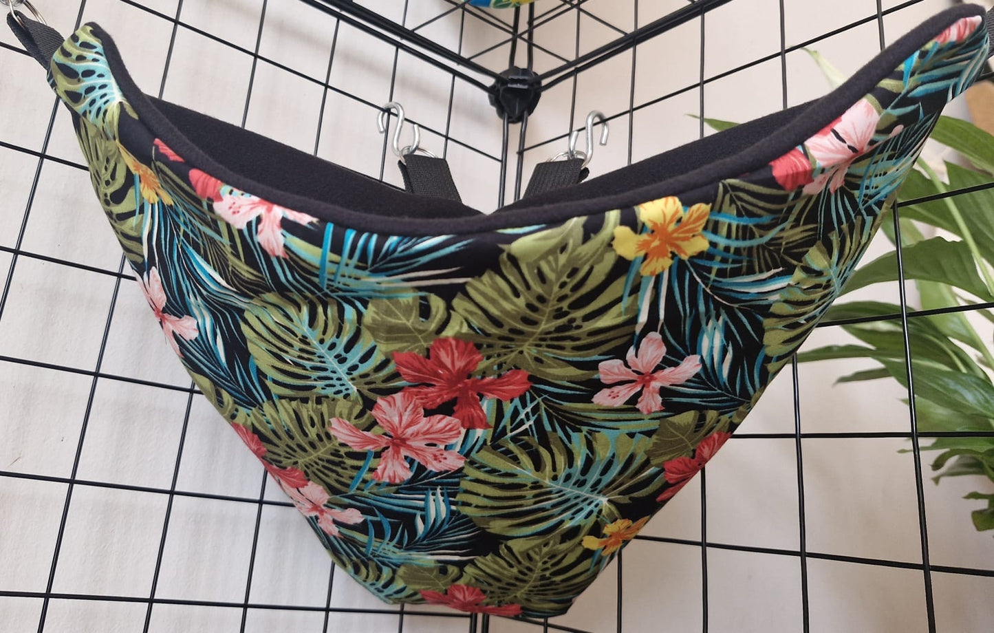 Mischief Made fleece lined corner pocket. Tropical Flowers print with black fleece lining