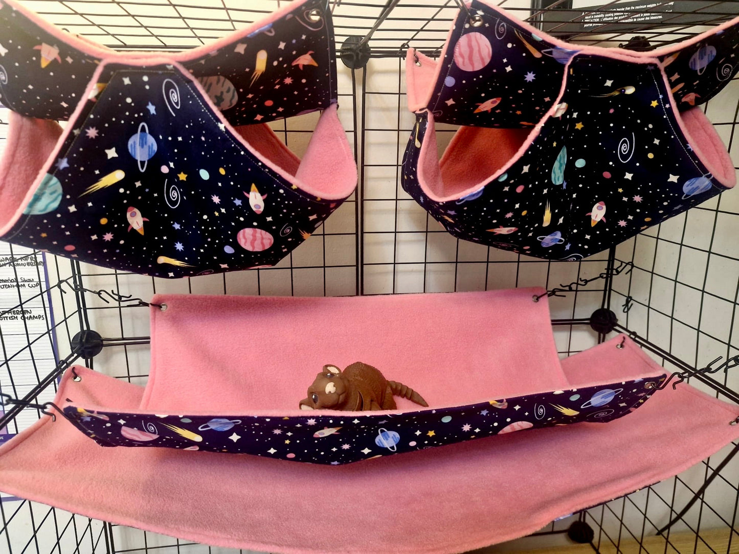 4 piece fleece lined rodent hammock set for rats ferrets chinchillas Pink Space