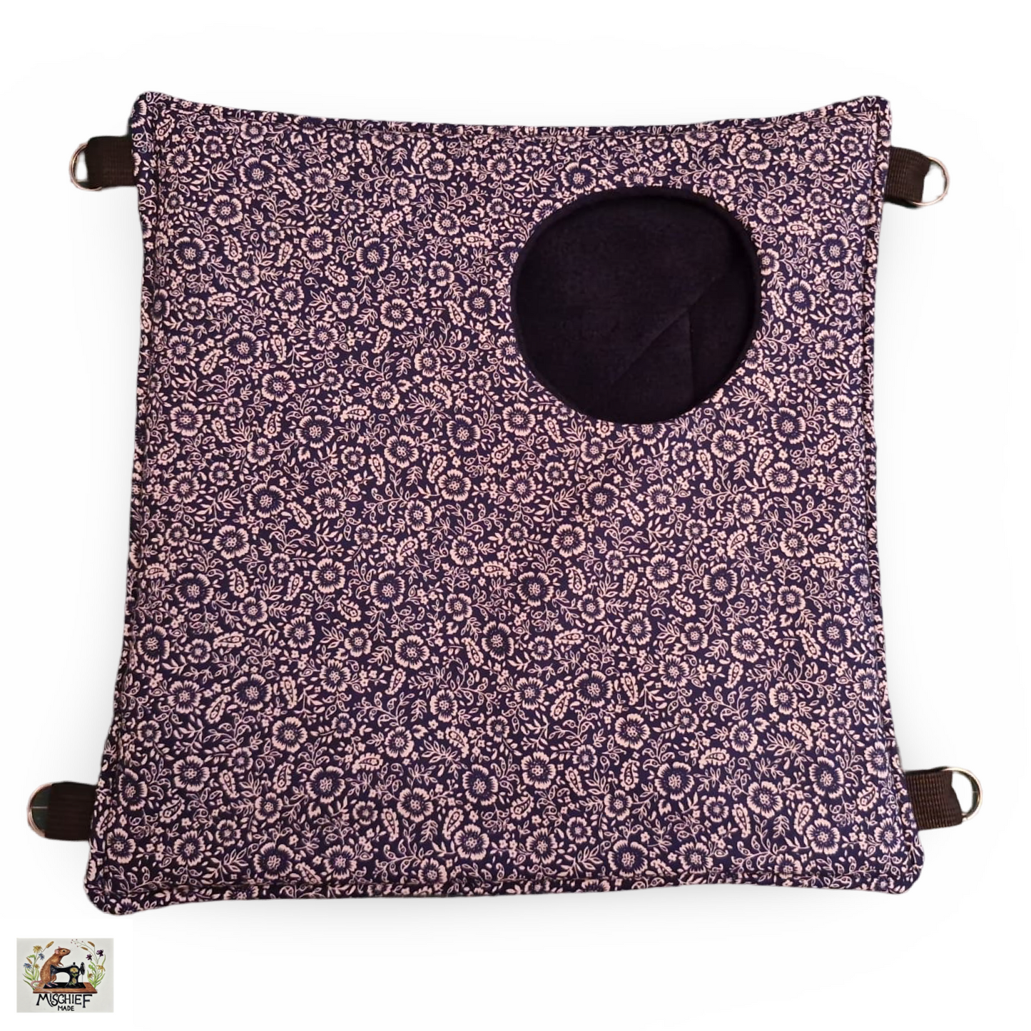 Hidey Hammock (Square). Quilted, padded and great for rat piles (Blue Flowers)