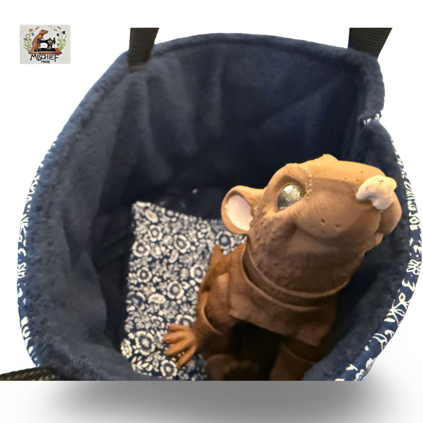 Hanging bucket fleece lined, padded and quilted. Blue flowers, navy fleece