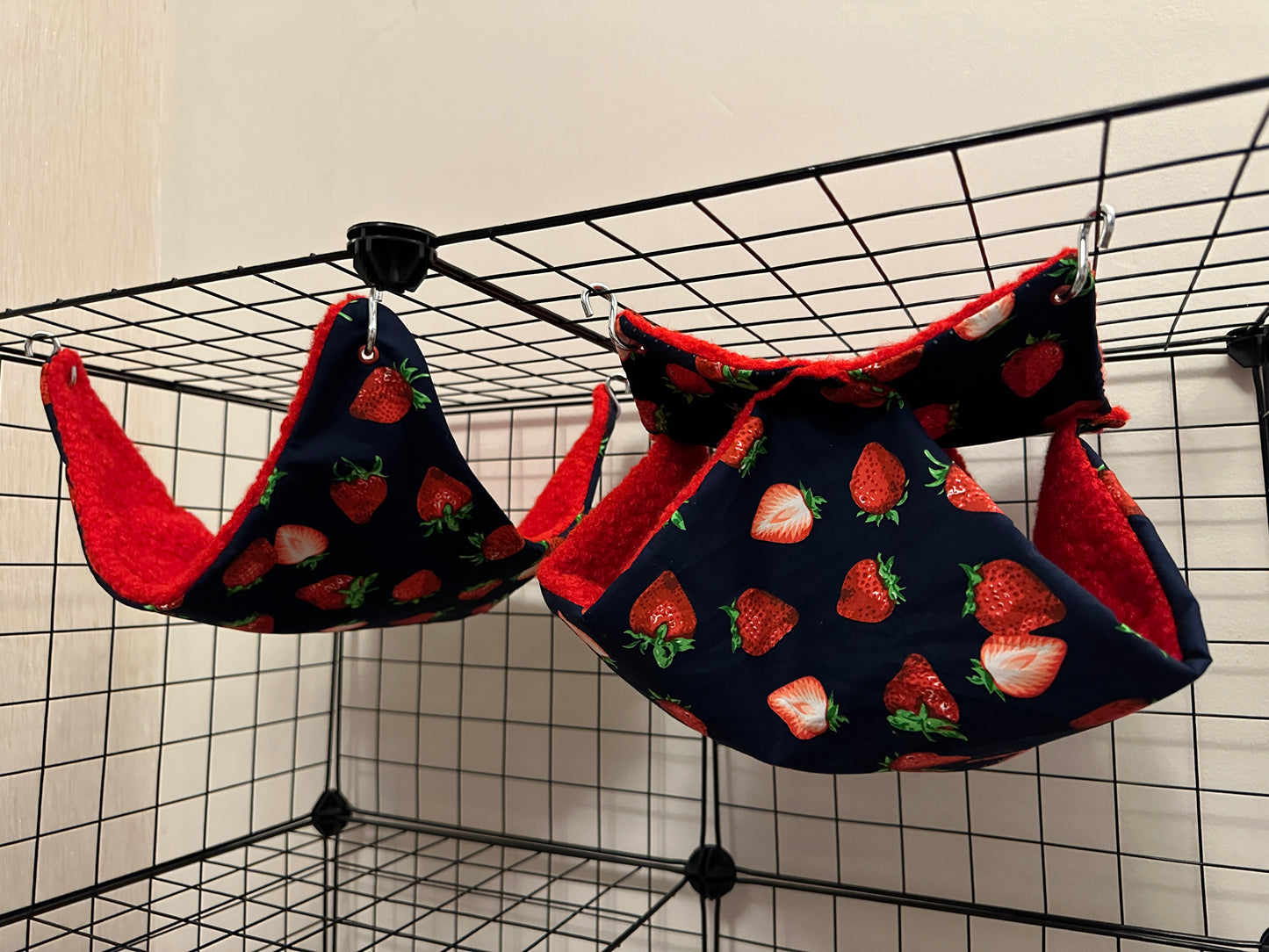 Rat hammock set of 2. Strawberry print w/ red boucle fleece