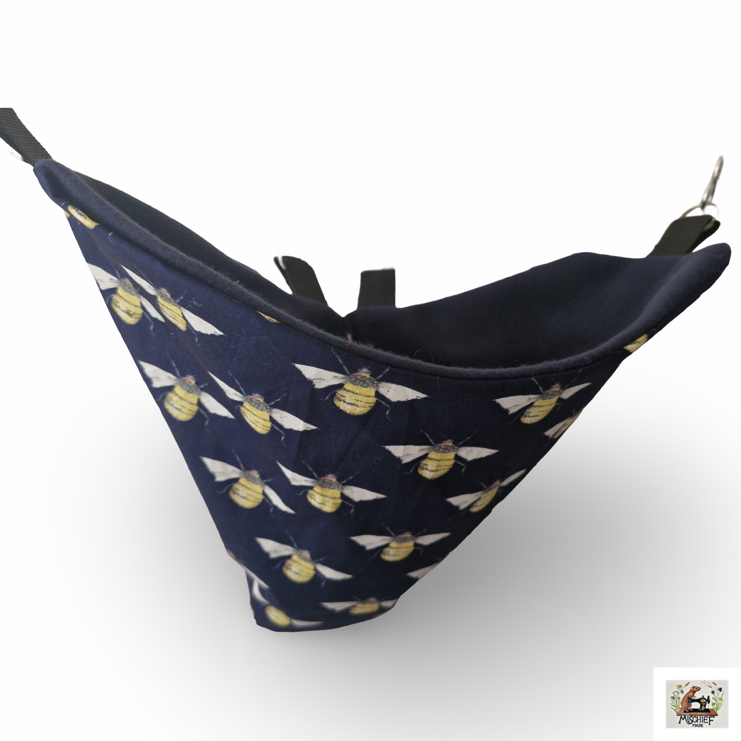 Mischief Made fleece lined corner pocket. Bumblebees print with navy fleece lining