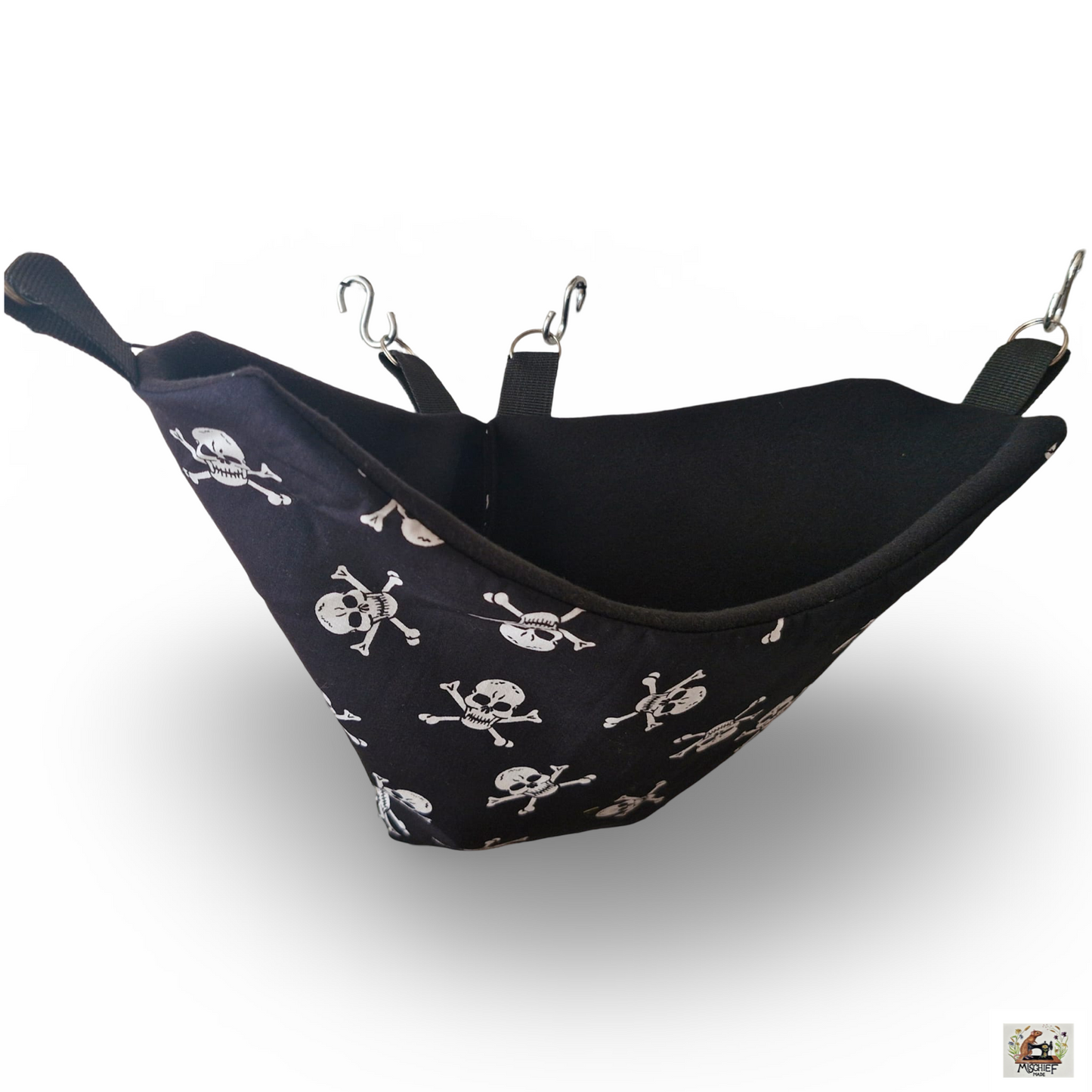 Mischief Made fleece lined corner pocket. Skulls print with black fleece lining
