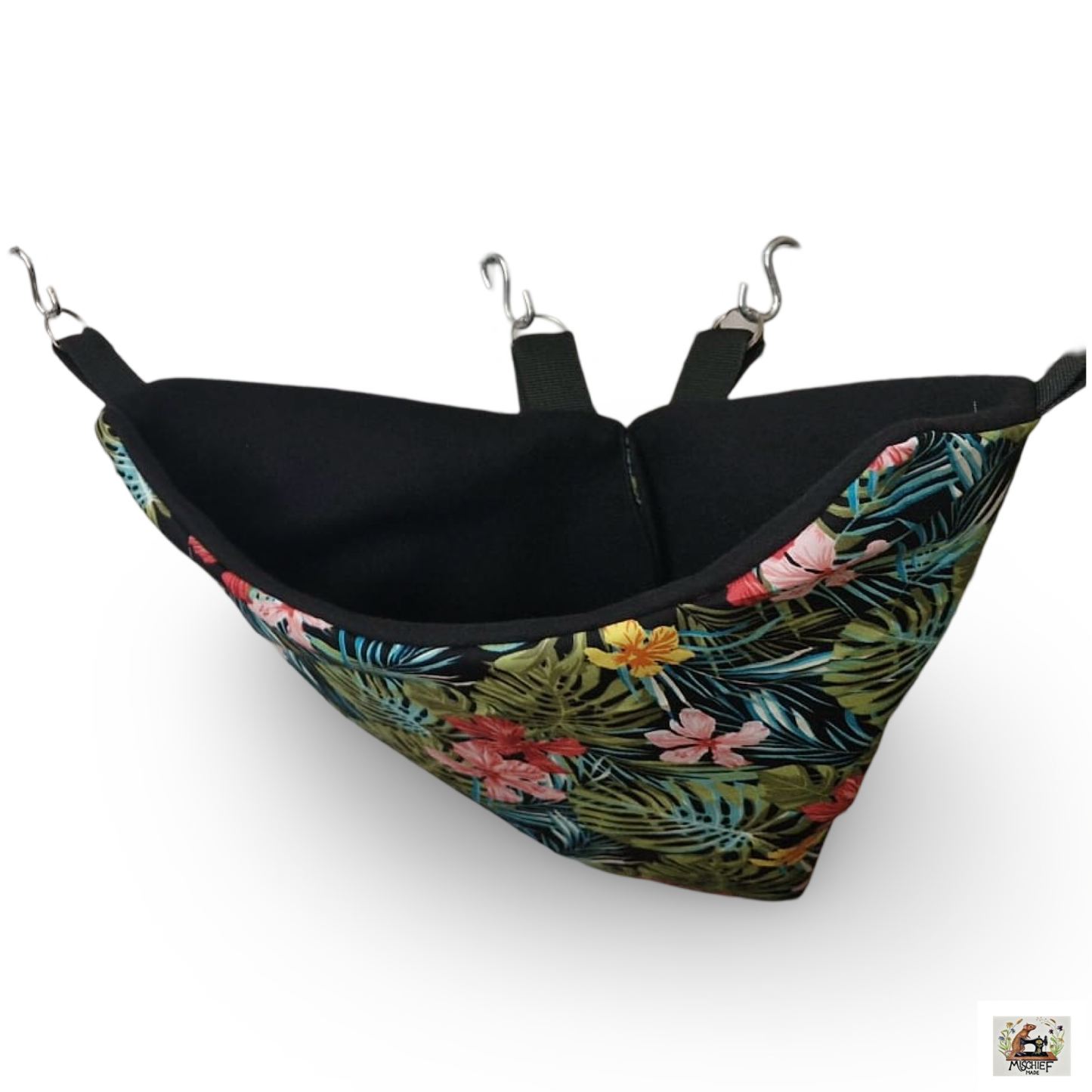 Mischief Made fleece lined corner pocket. Tropical Flowers print with black fleece lining