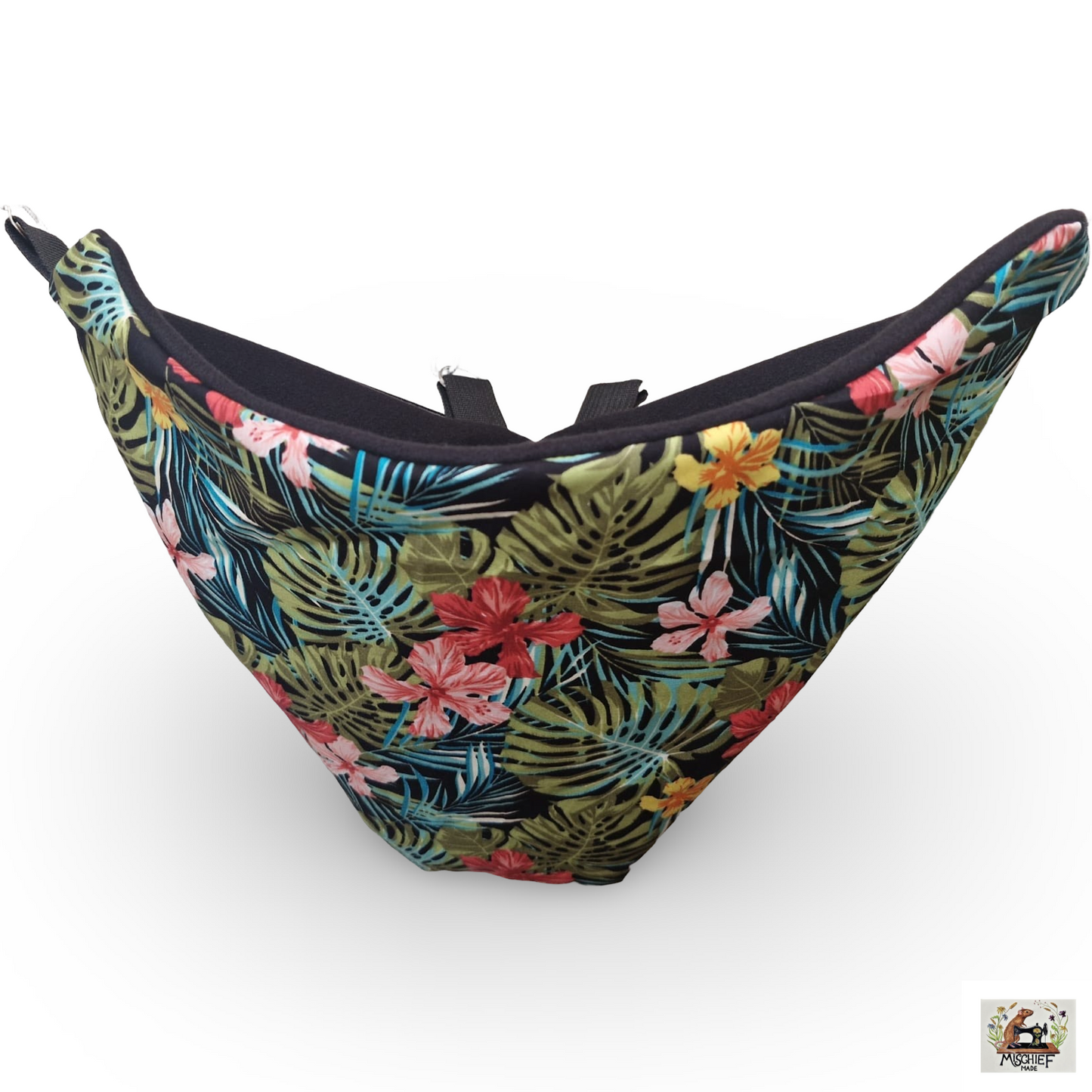 Mischief Made fleece lined corner pocket. Tropical Flowers print with black fleece lining