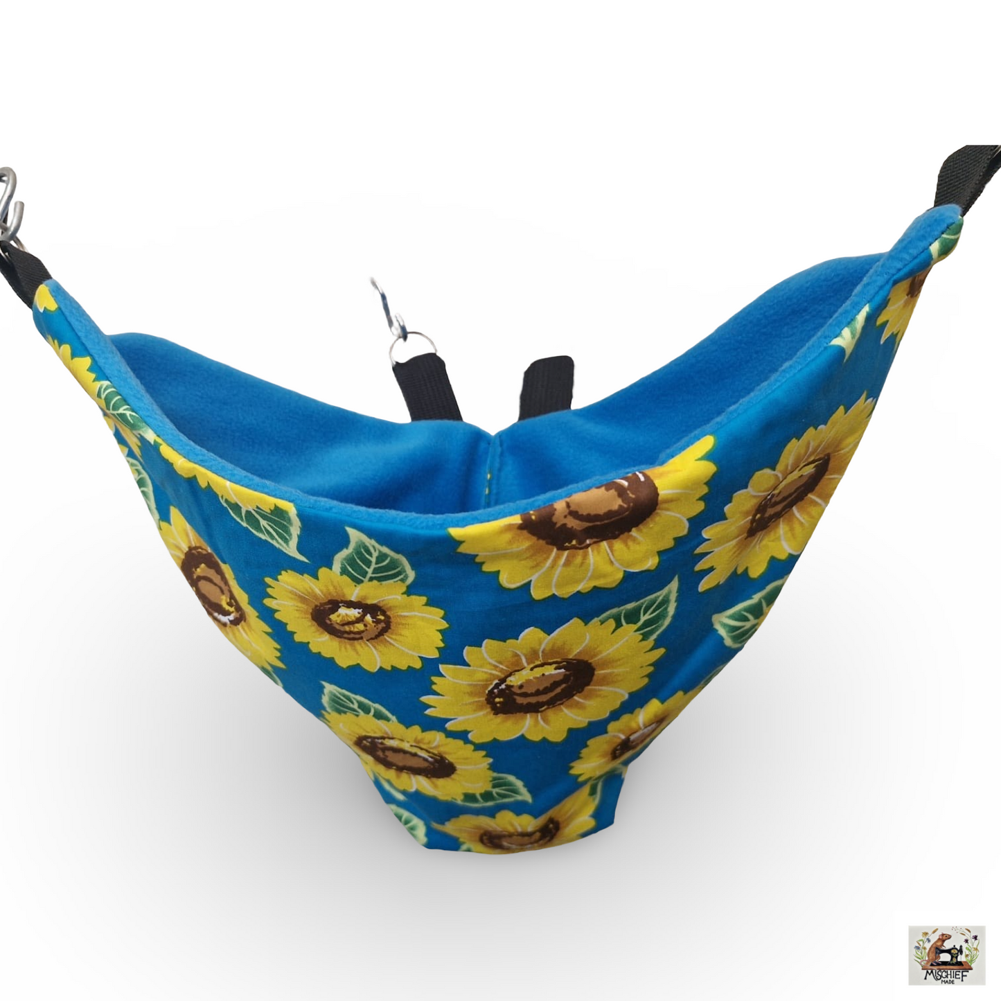 Mischief Made fleece lined corner pocket. Yellow Sunflowers print with royal blue fleece lining