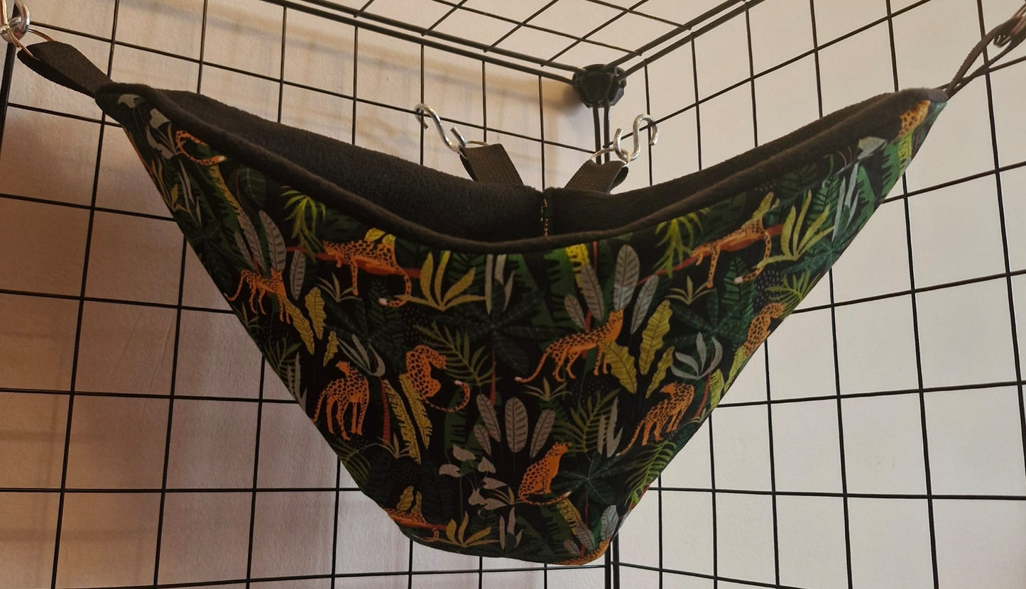 Mischief Made fleece lined corner pocket. Black Jungle print with black fleece lining