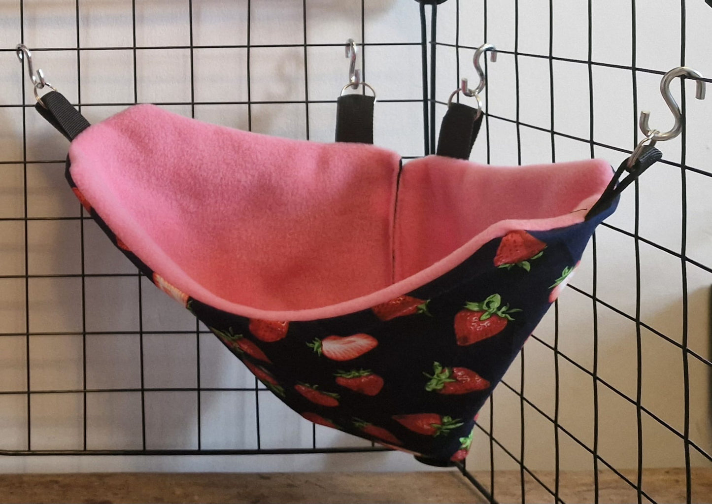 Mischief Made fleece lined corner pocket. Blue Strawberry print with pink fleece lining