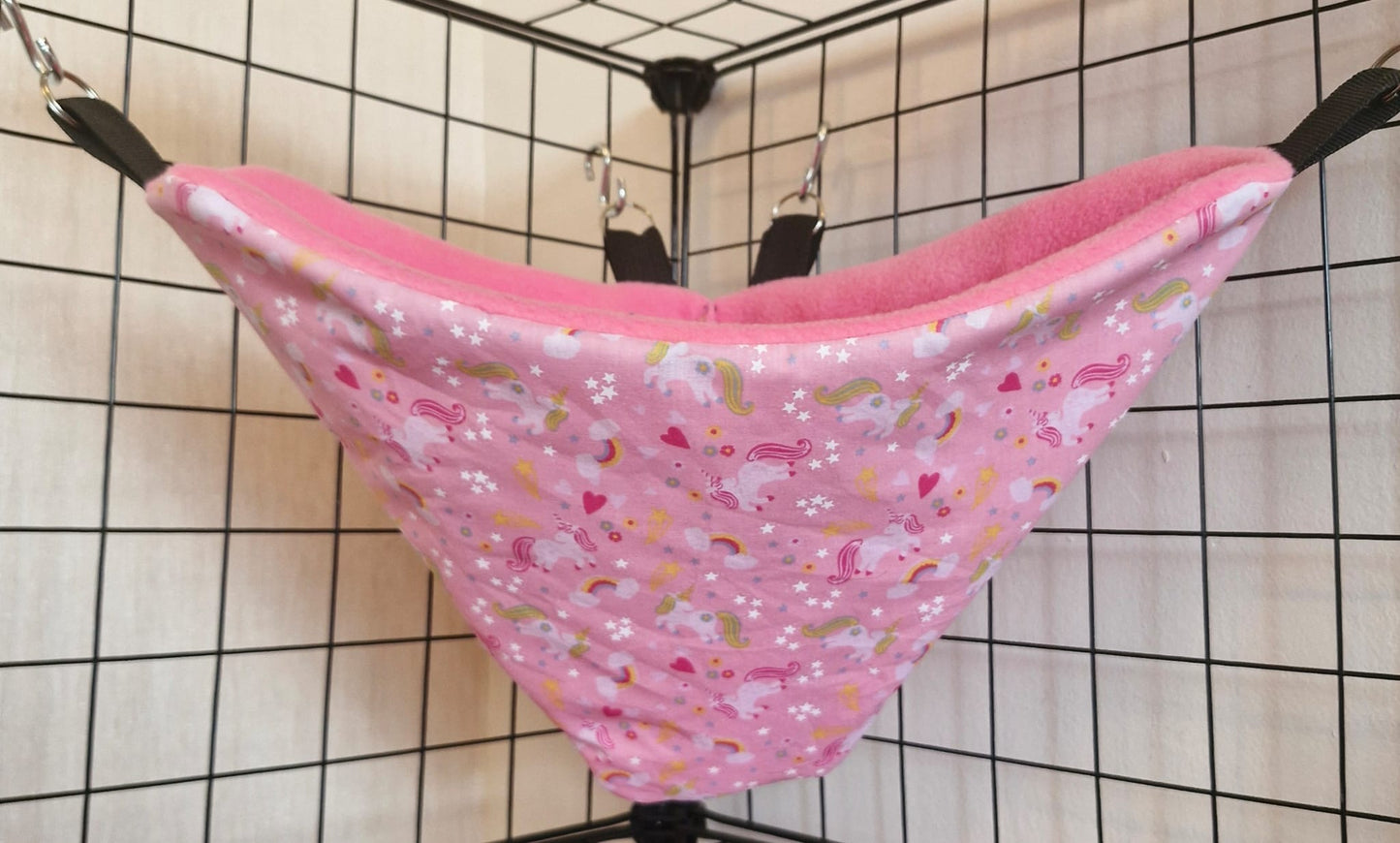 Mischief Made fleece lined corner pocket. Pink Unicorn print with pink fleece lining