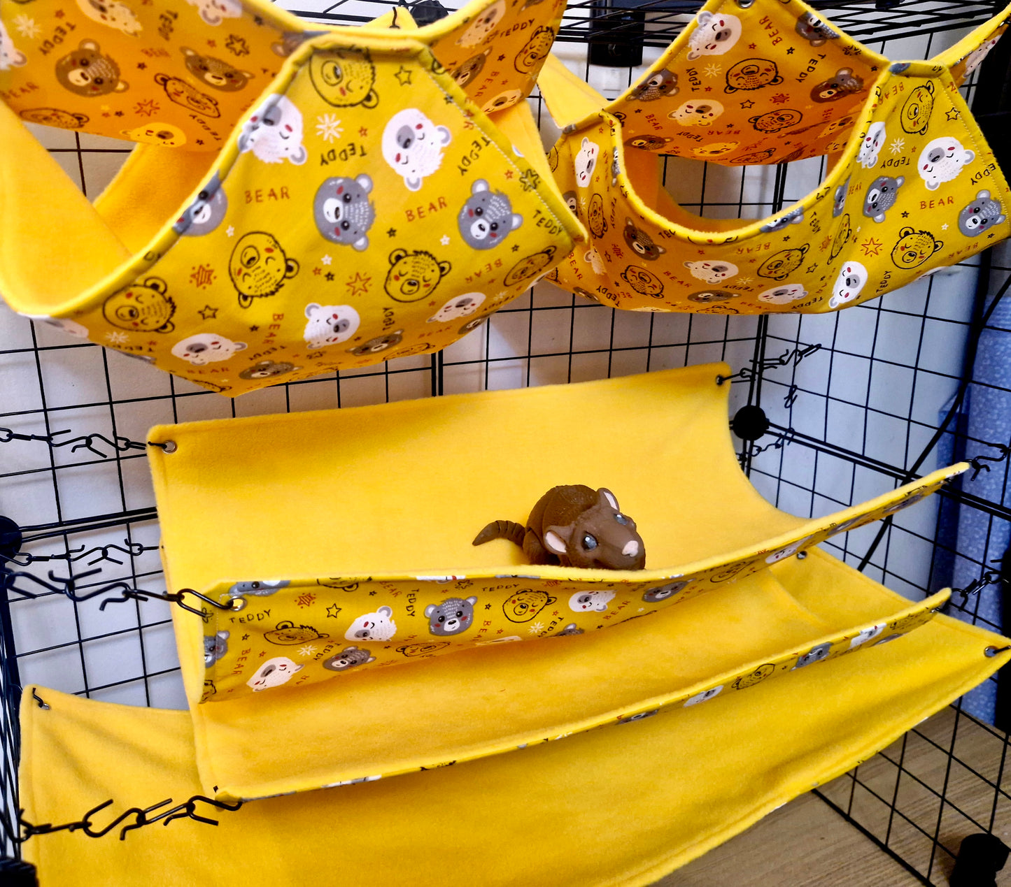 5 piece fleece lined rodent hammock set for rats ferrets chinchillas teddy bear print