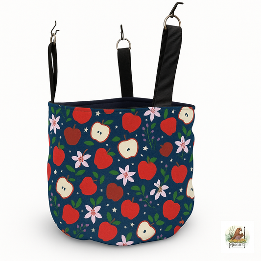 Hanging bucket fleece lined, padded and quilted. Apples print, black fleece
