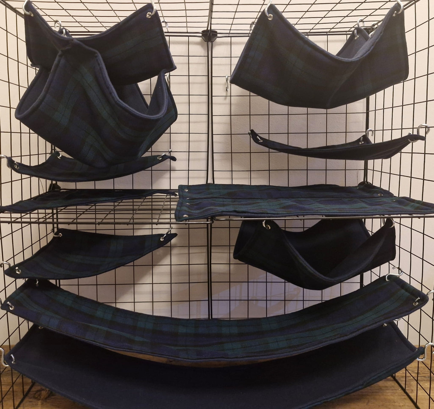 Mischief Made fleece lined green tartan hammock set for rodents (11 piece Set)