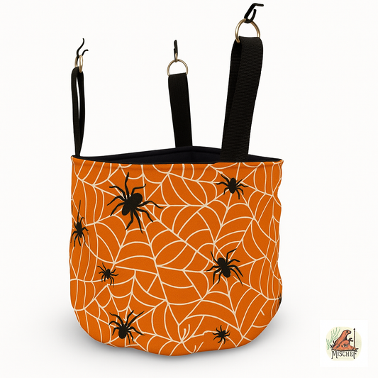 Hanging bucket fleece lined, padded and quilted. Spiders print, black fleece