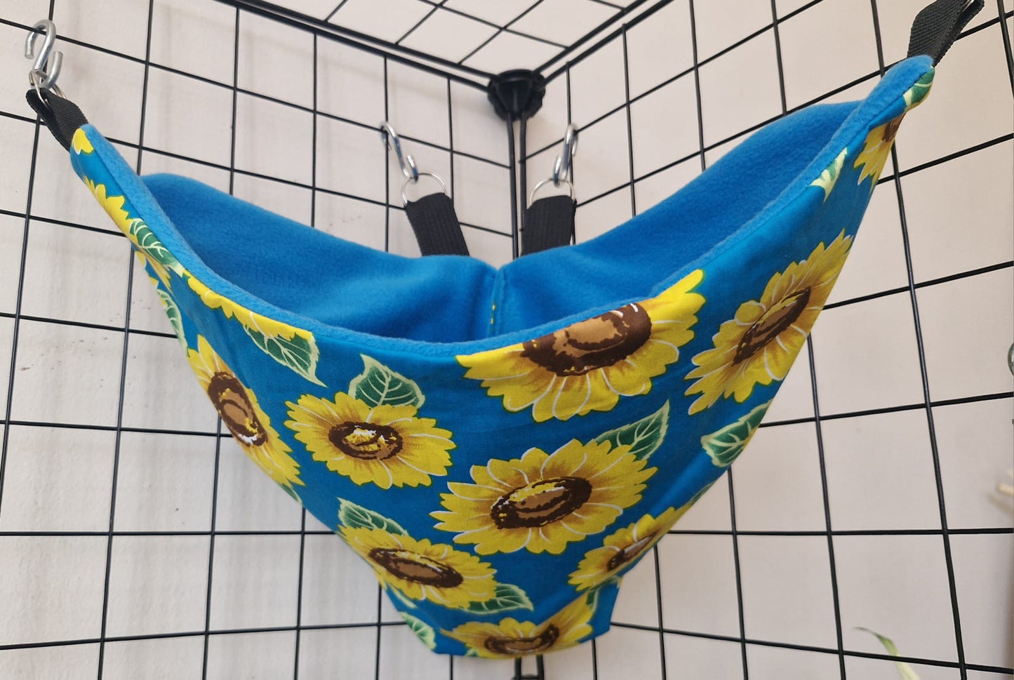 Mischief Made fleece lined corner pocket. Yellow Sunflowers print with royal blue fleece lining