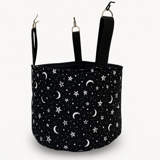 Hanging bucket fleece lined, padded and quilted. Constellation print, black fleece