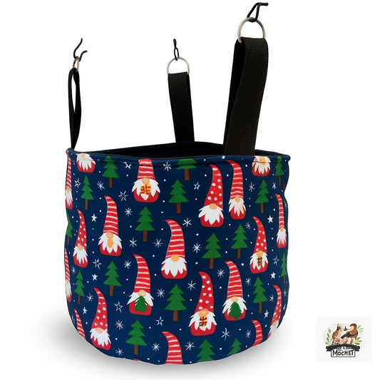 Hanging bucket fleece lined, padded and quilted. Santas print, black fleece