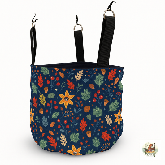 Hanging bucket fleece lined, padded and quilted. Winter Flowers print, black fleece