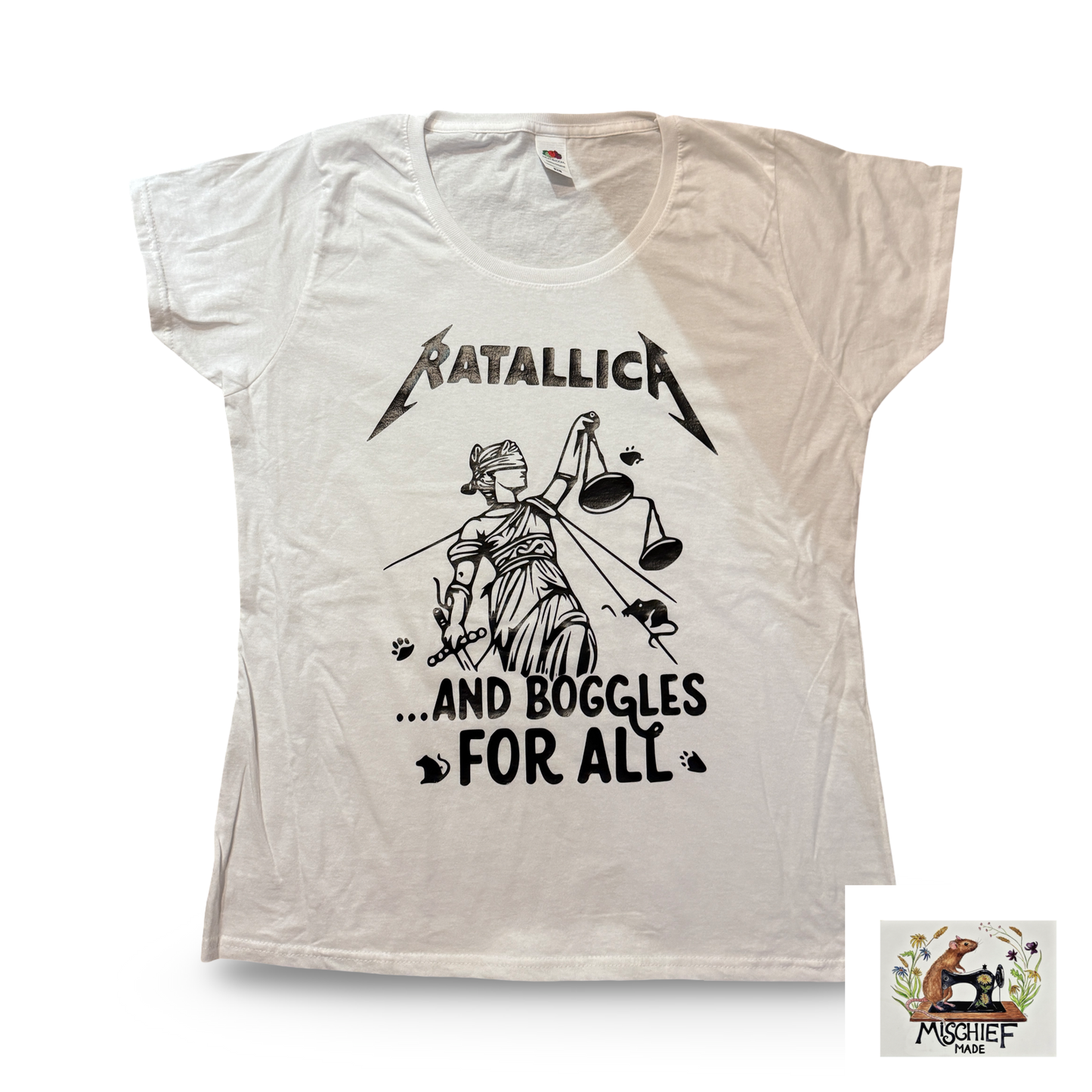 Mischief Made Short Sleeve T-Shirt with “and boggles for all” Metallica Justice parody Print