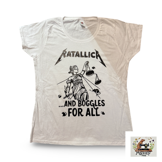 Mischief Made Short Sleeve T-Shirt with “and boggles for all” Metallica Justice parody Print