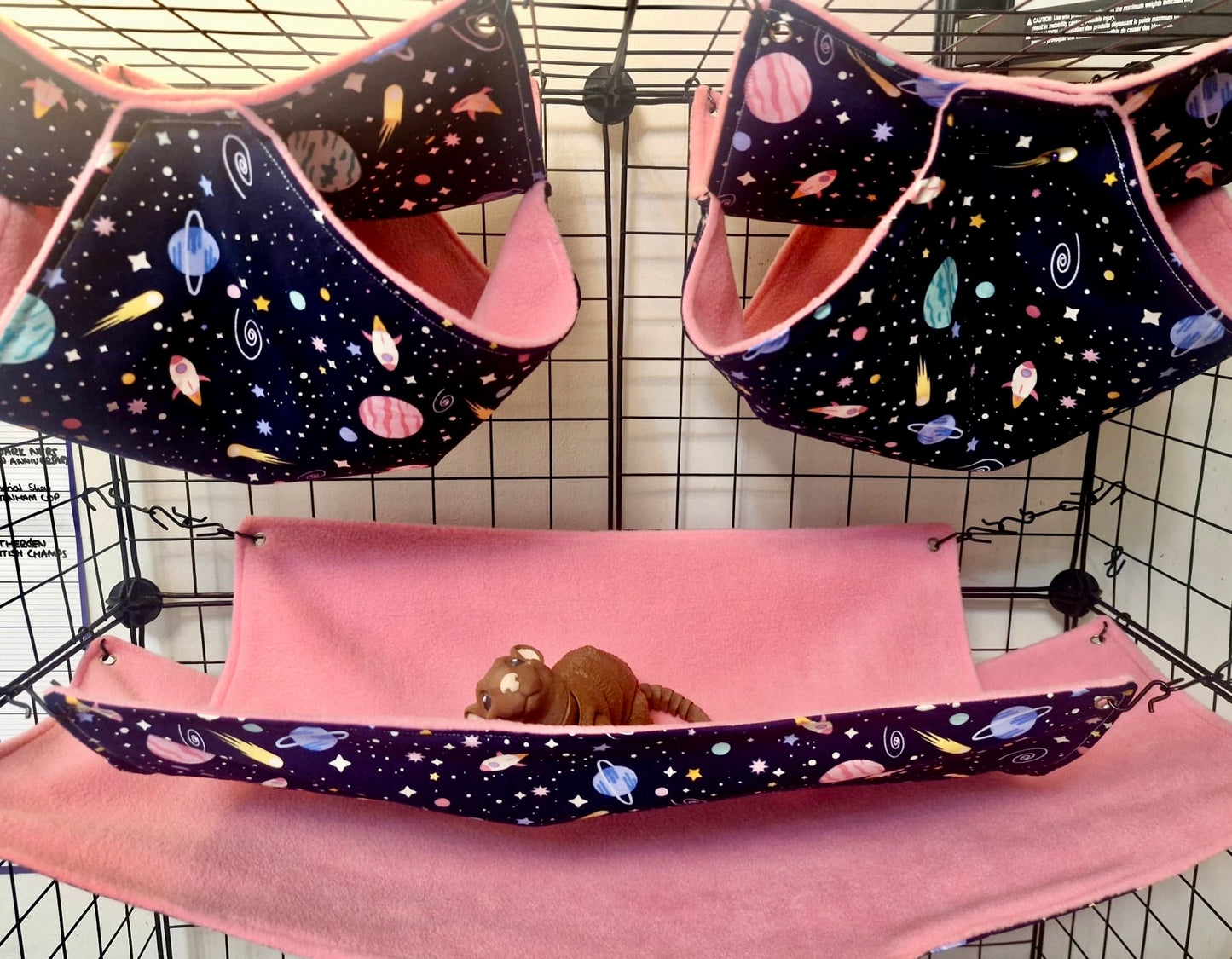 4 piece fleece lined rodent hammock set for rats ferrets chinchillas Pink Space