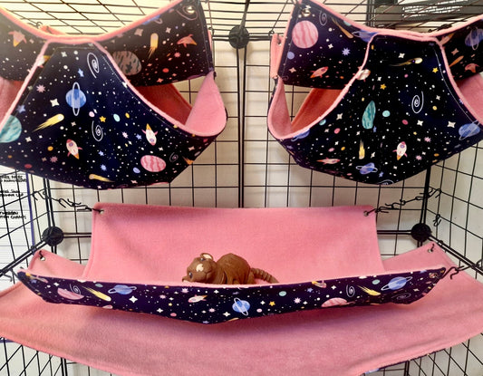 4 piece fleece lined rodent hammock set for rats ferrets chinchillas Pink Space