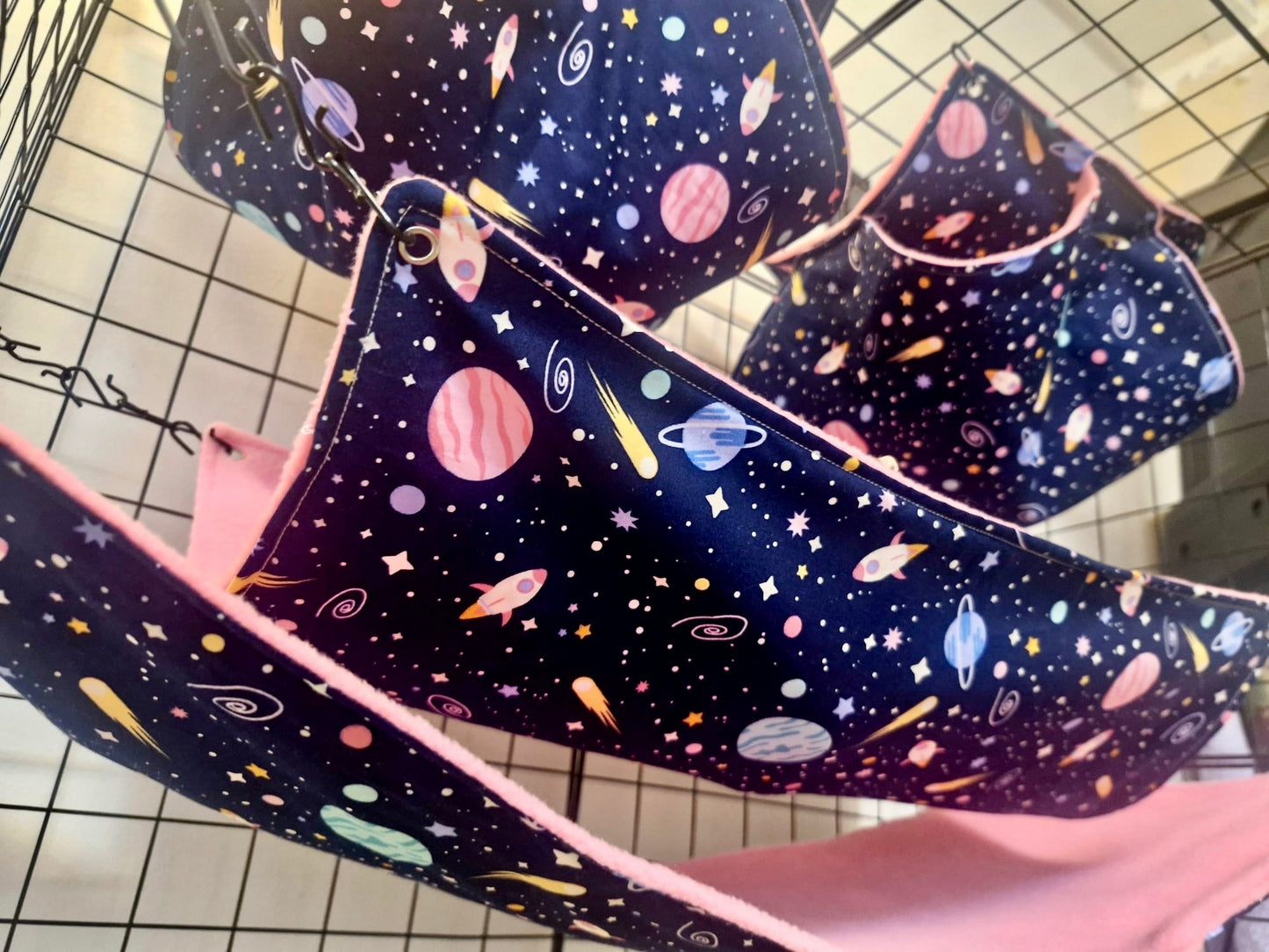 4 piece fleece lined rodent hammock set for rats ferrets chinchillas Pink Space