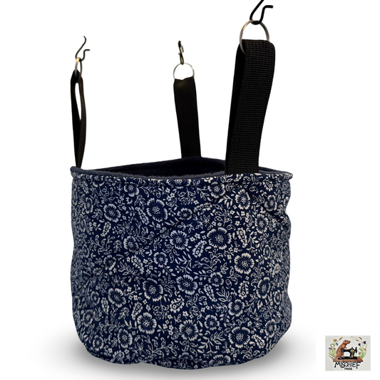 Hanging bucket fleece lined, padded and quilted. Blue flowers, navy fleece
