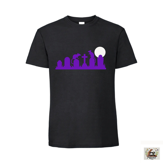 Halloween Short Sleeve T-Shirt with Ratty Graveyard Print