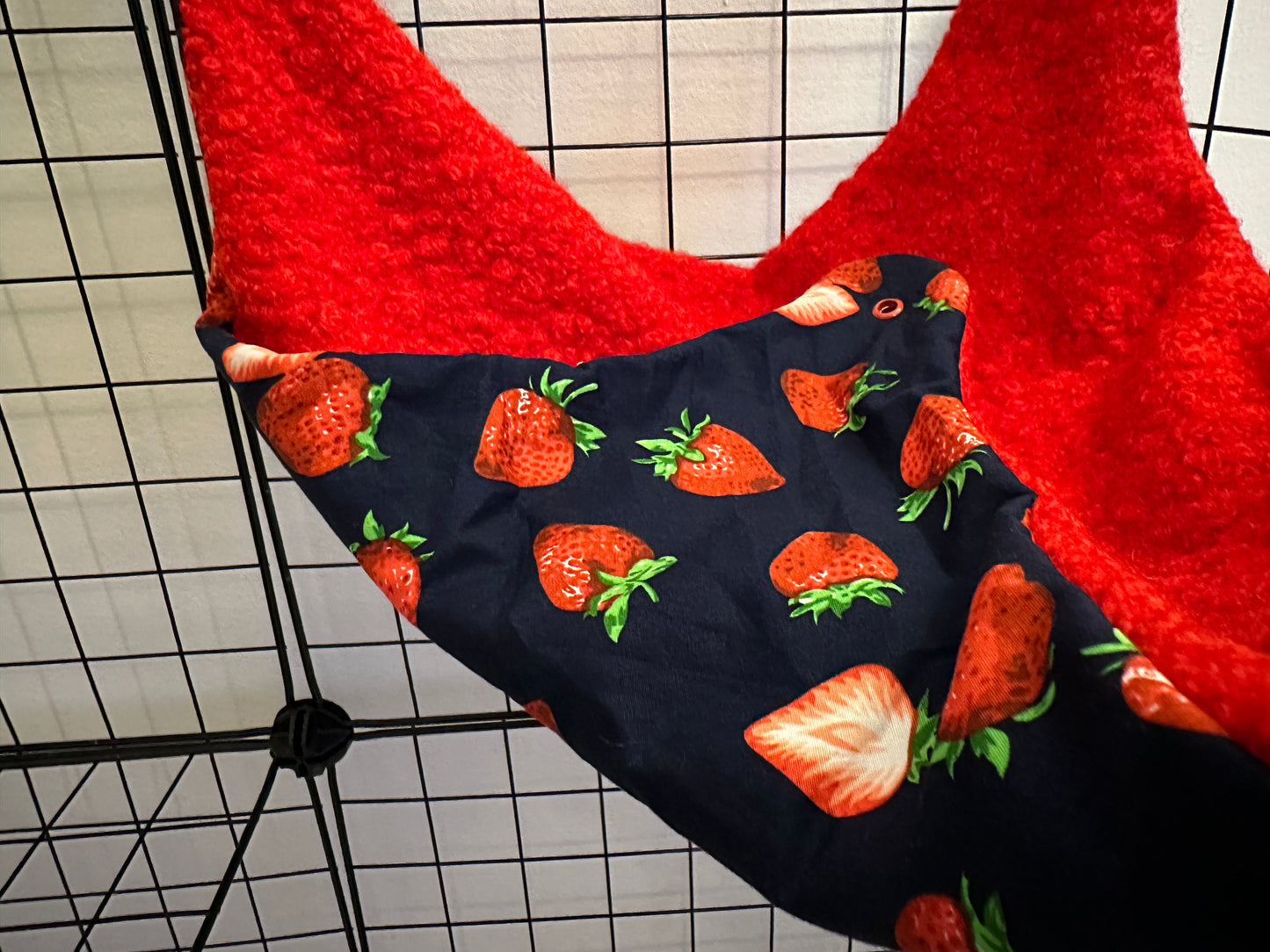 Rat hammock set of 2. Strawberry print w/ red boule fleece