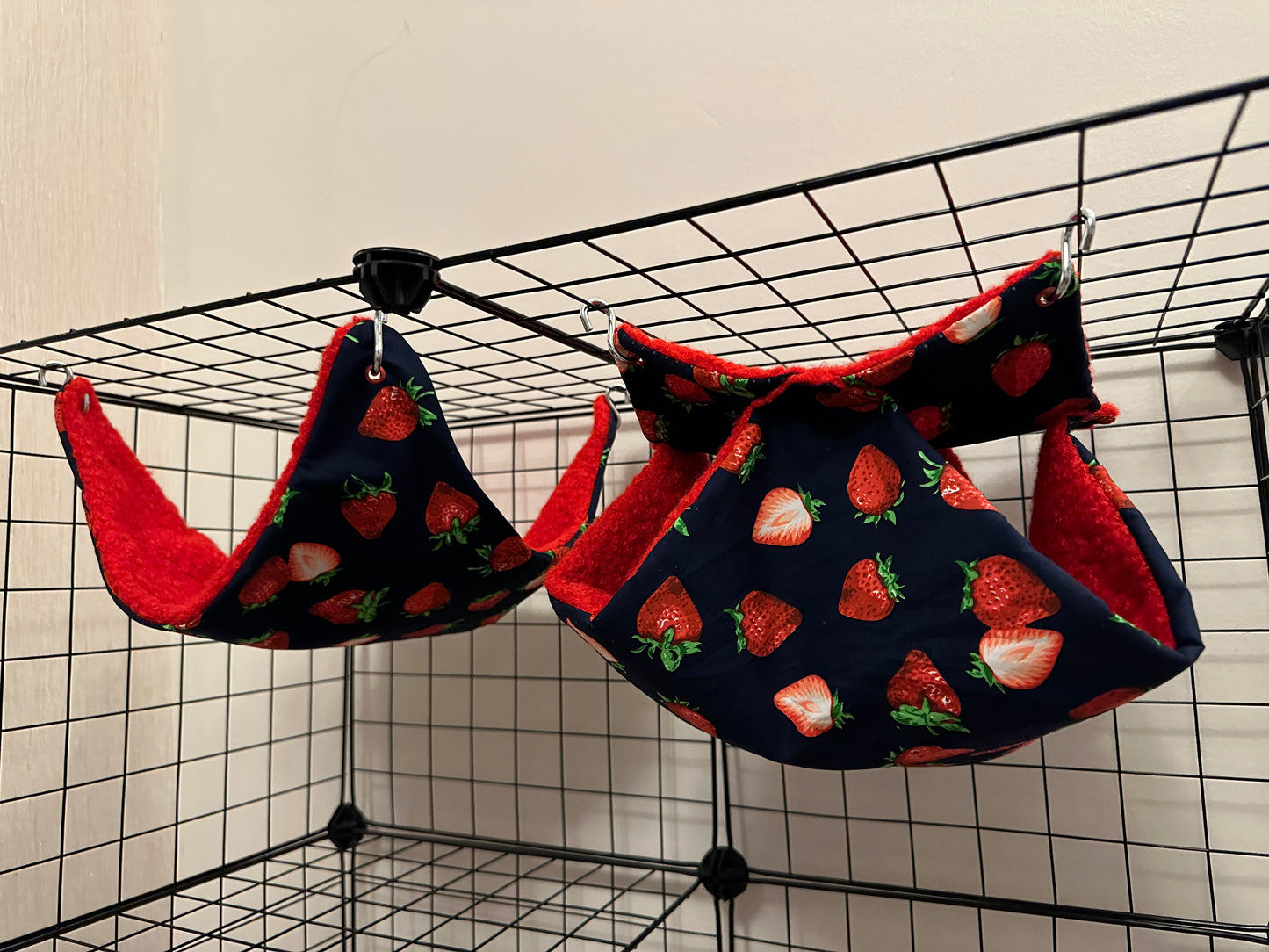 Rat hammock set of 2. Strawberry print w/ red boule fleece