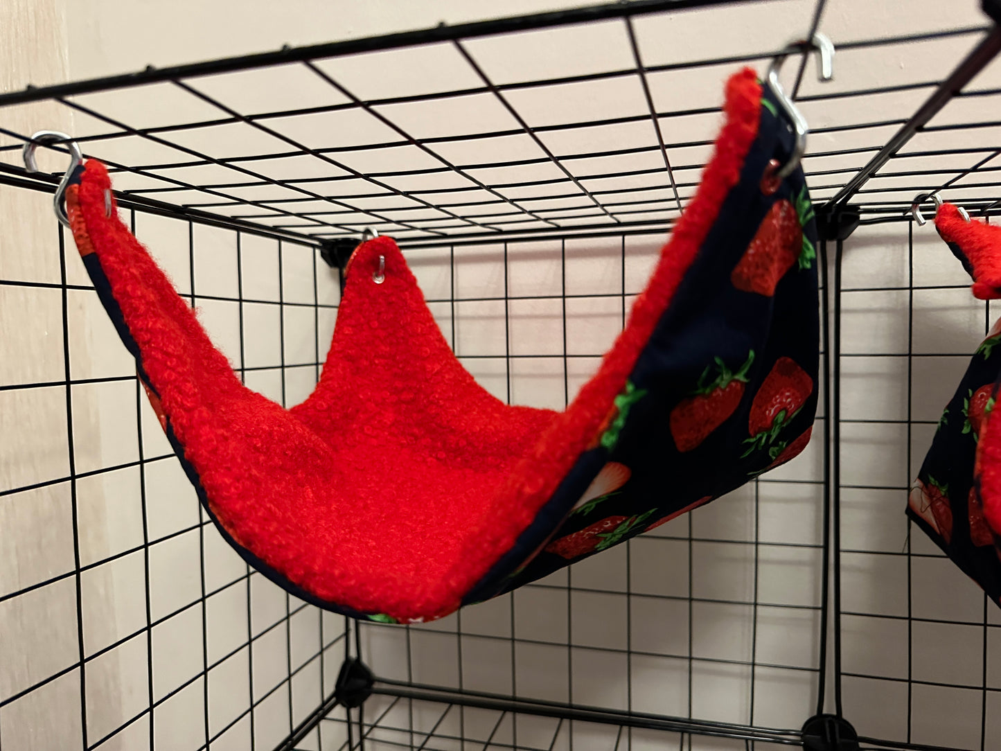 Rat hammock set of 2. Strawberry print w/ red boule fleece