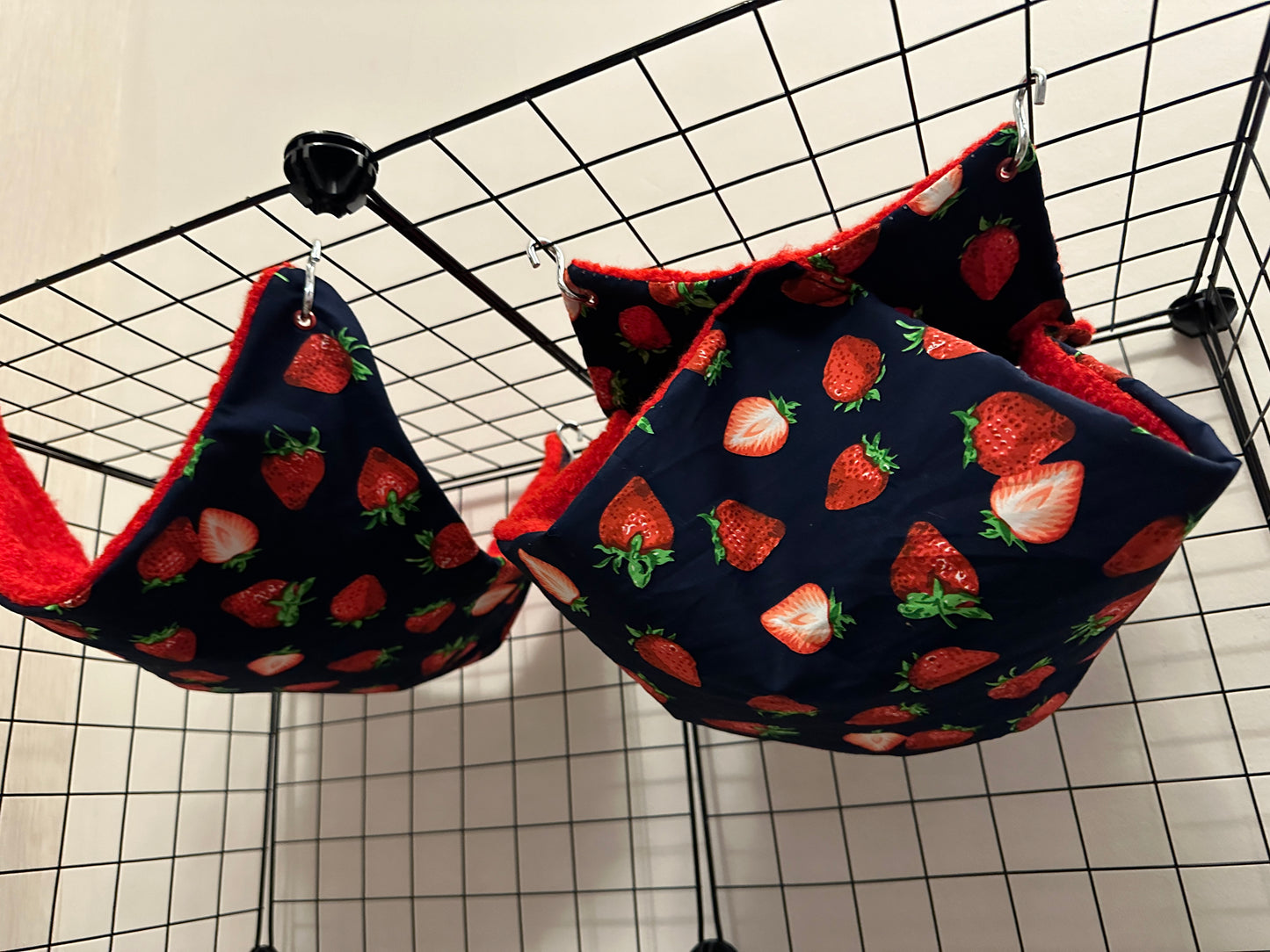 Rat hammock set of 2. Strawberry print w/ red boule fleece