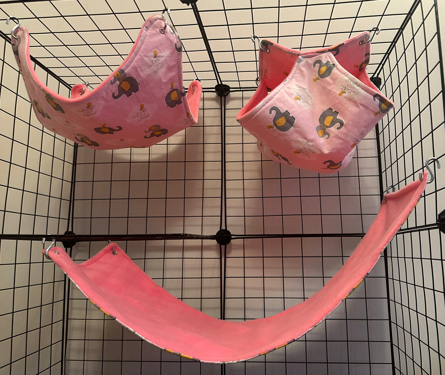 Mischief Made set of 3 hammocks. Elephant print with pink fleece lining