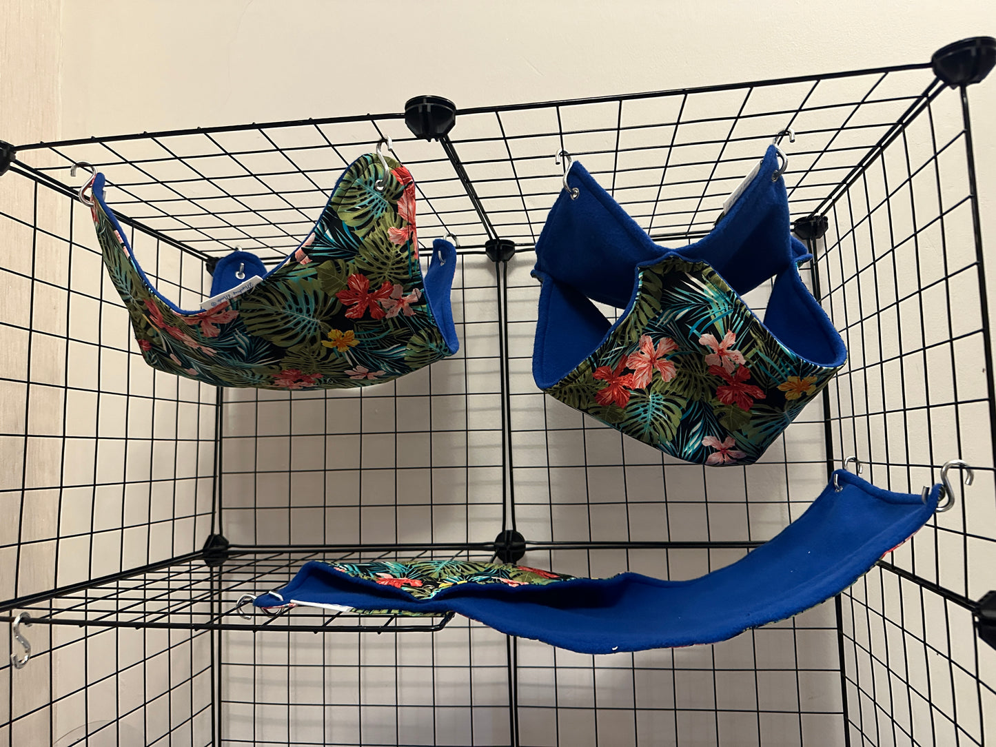 Mischief Made set of 3 hammocks. Tropical flowers print, blue fleece lined