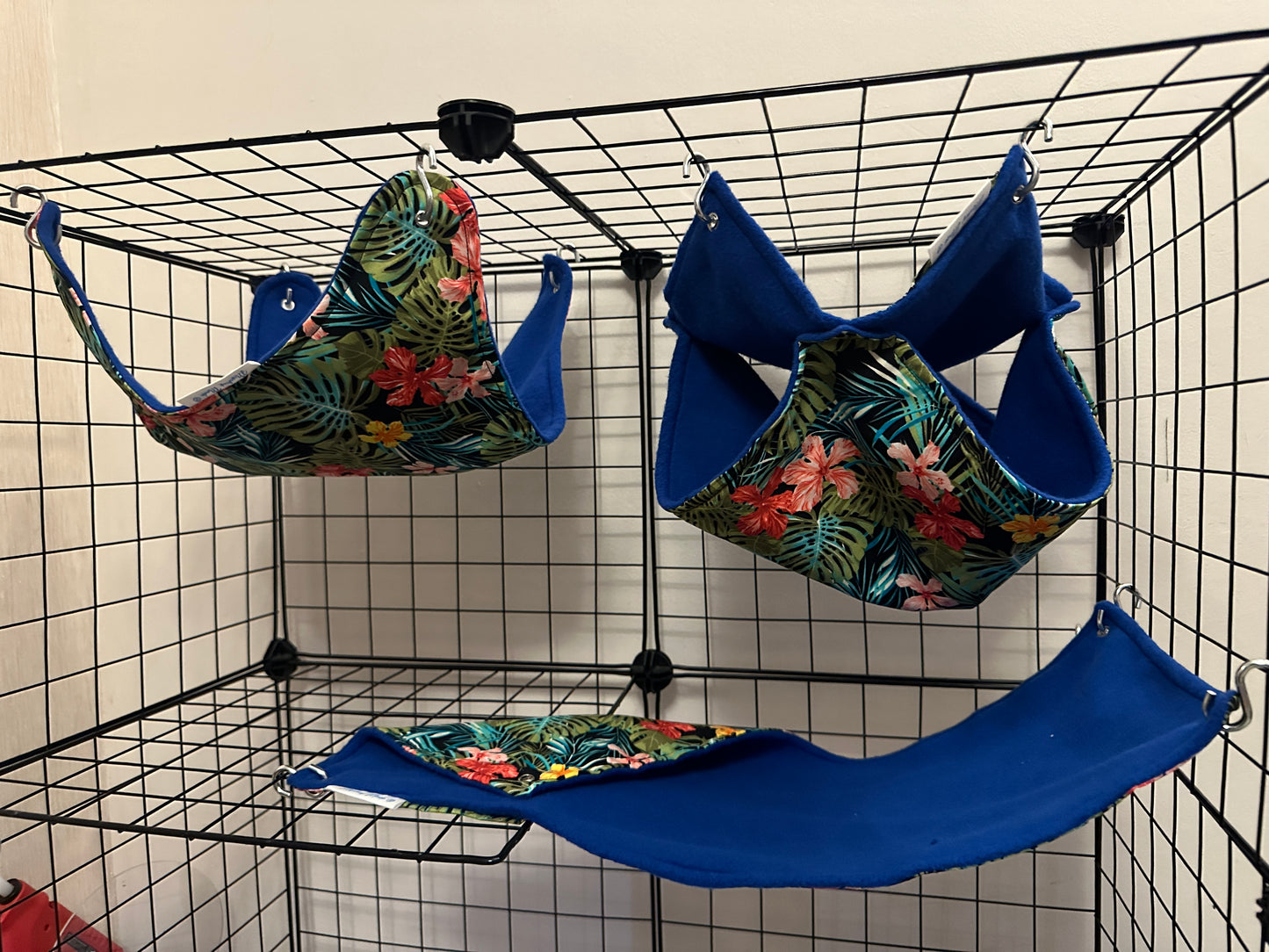 Mischief Made set of 3 hammocks. Tropical flowers print, blue fleece lined