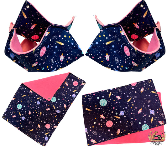 4 piece fleece lined rodent hammock set for rats ferrets chinchillas Pink Space