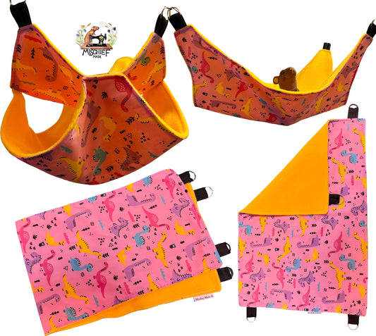 4 piece fleece lined rodent hammock set for rats ferrets chinchillas Pink Dinosaurs