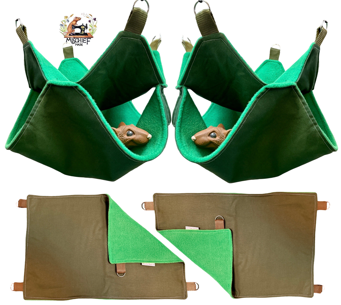 4 piece fleece lined rodent hammock set for rats ferrets chinchillas Green Green Grass