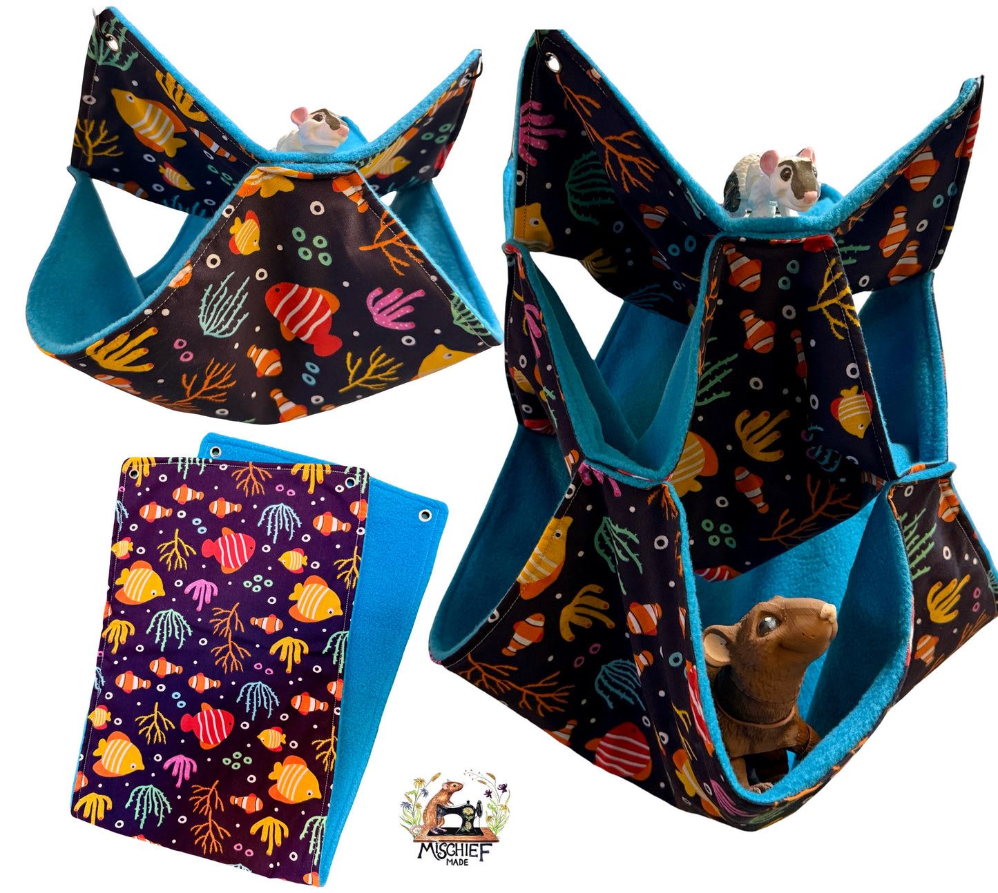 3 piece fleece lined rodent hammock set for rats ferrets chinchillas Under the Sea