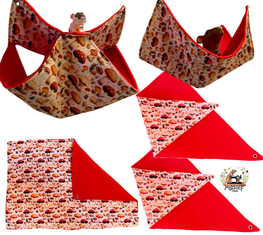 5 piece fleece lined rodent hammock set for rats ferrets chinchillas Mushroom Magic