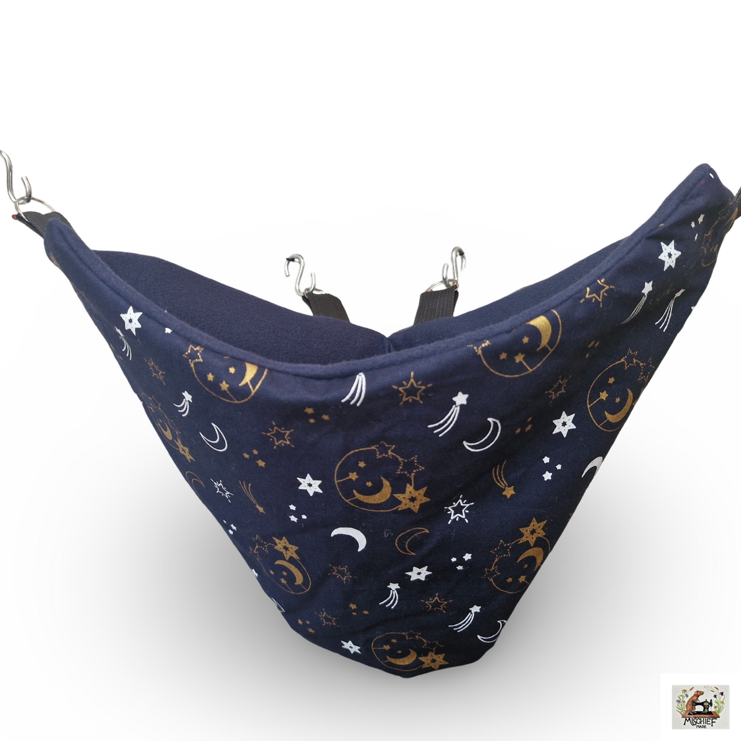 Mischief Made fleece lined corner pocket. Moon & Stars print with navy fleece lining
