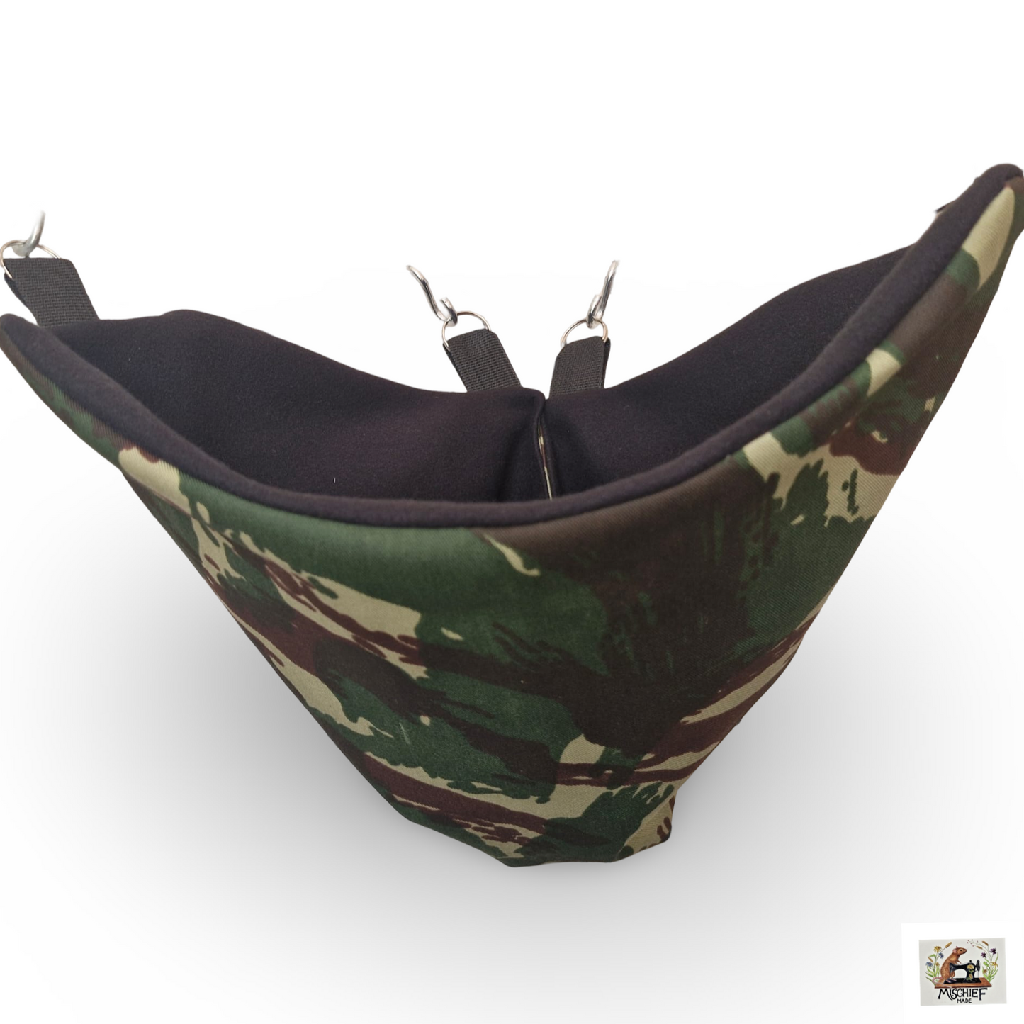 Mischief Made fleece lined corner pocket. Camo print with black fleece lining
