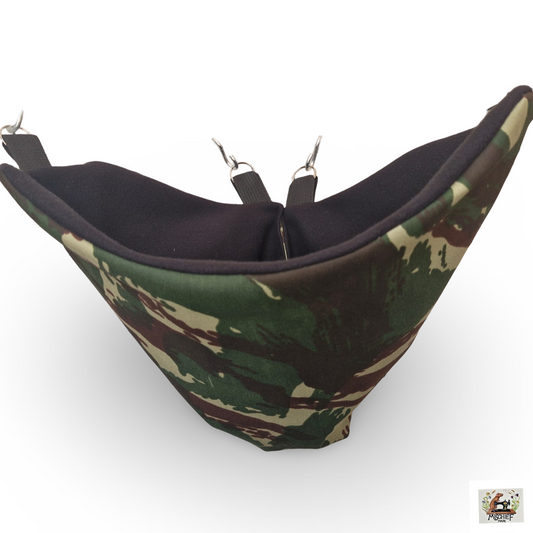 Mischief Made fleece lined corner pocket. Camo print with black fleece lining